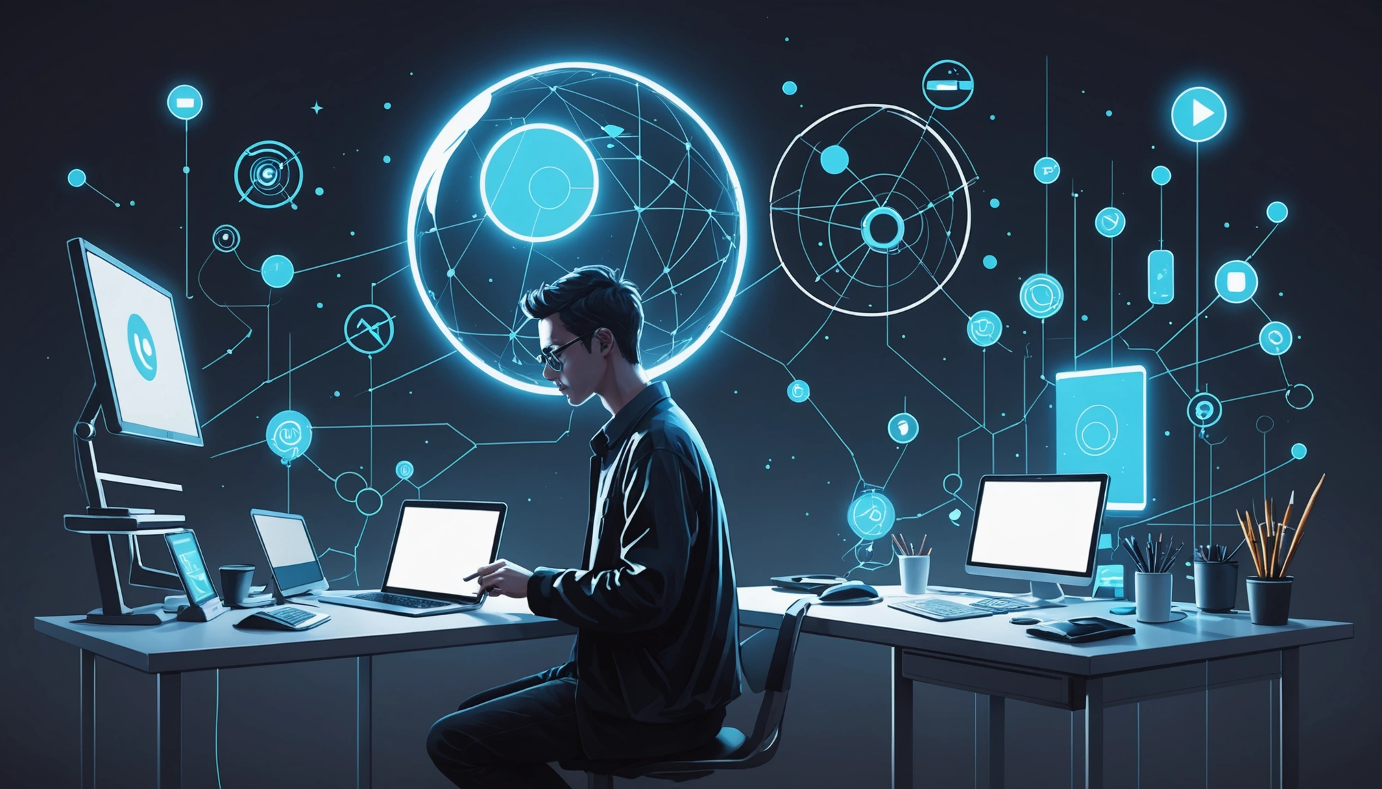 GMass vs EfficientPIM: Mass Emailing Essentials, Digital art, technology concept, abstract, clean lines, minimalist, corporate blue and white, data visualization, glowing nodes, wordpress, php, html, css