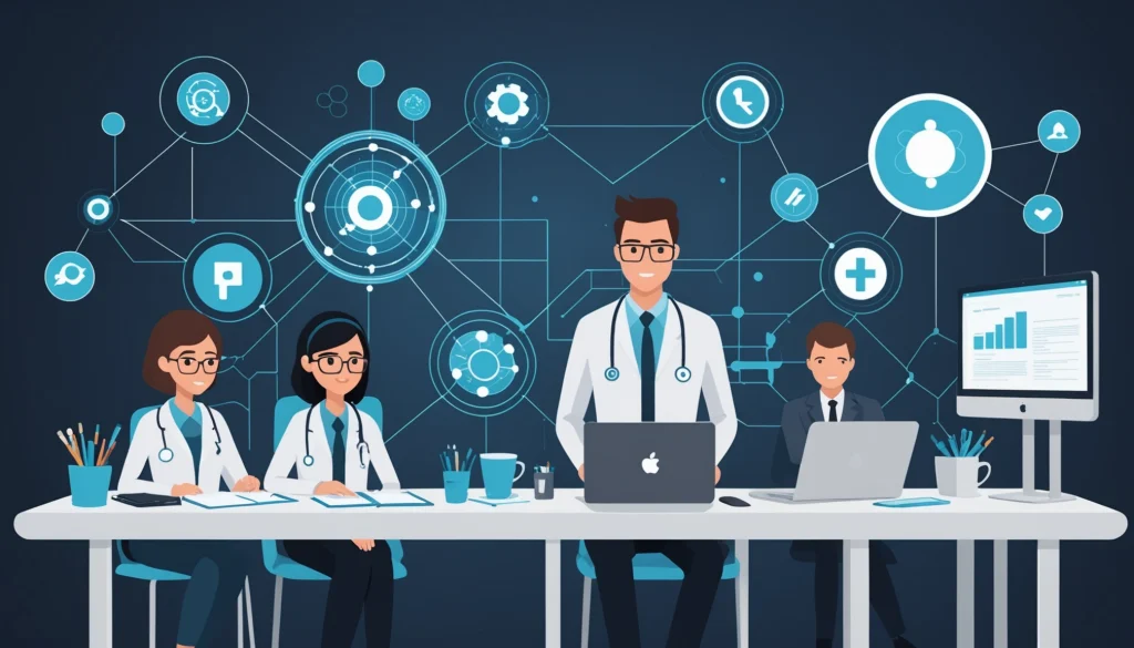 HealthCare Data: HIPAA Compliance in Extraction, Digital art, technology concept, abstract, clean lines, minimalist, corporate blue and white, data visualization, glowing nodes, wordpress, php, html, css