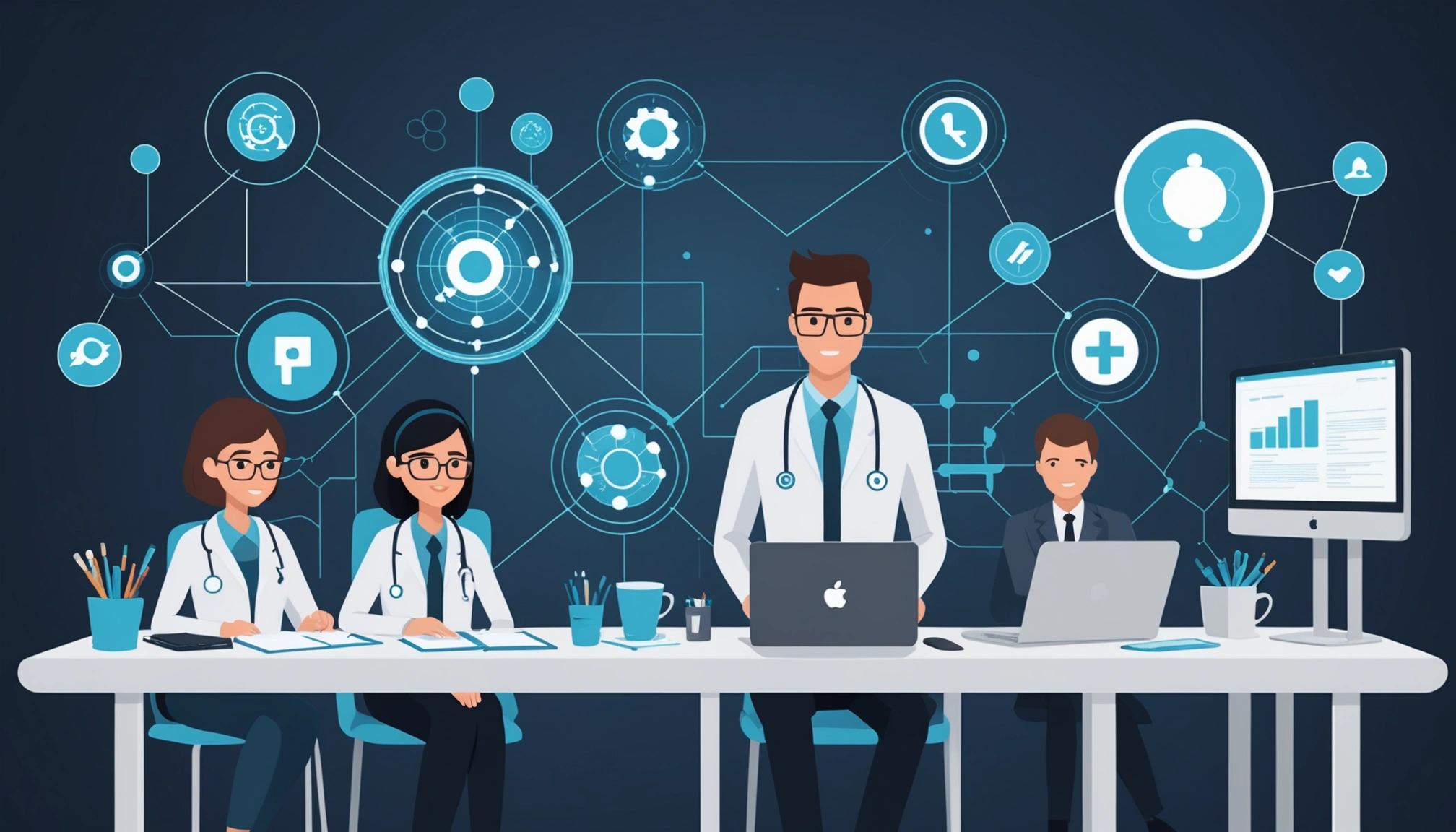 HealthCare Data: HIPAA Compliance in Extraction, Digital art, technology concept, abstract, clean lines, minimalist, corporate blue and white, data visualization, glowing nodes, wordpress, php, html, css