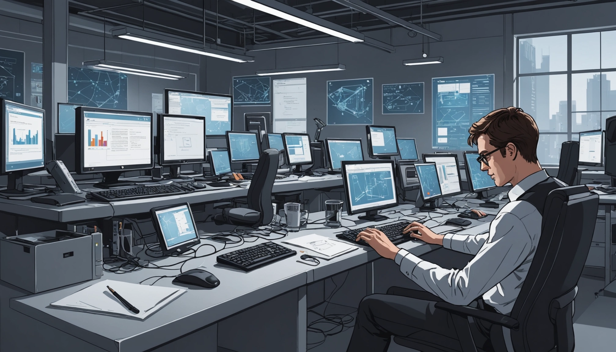 Manufacturing Data: Finding Decision Makers in Factories, Digital art, technology concept, abstract, clean lines, minimalist, corporate blue and white, data visualization, glowing nodes, wordpress, php, html, css