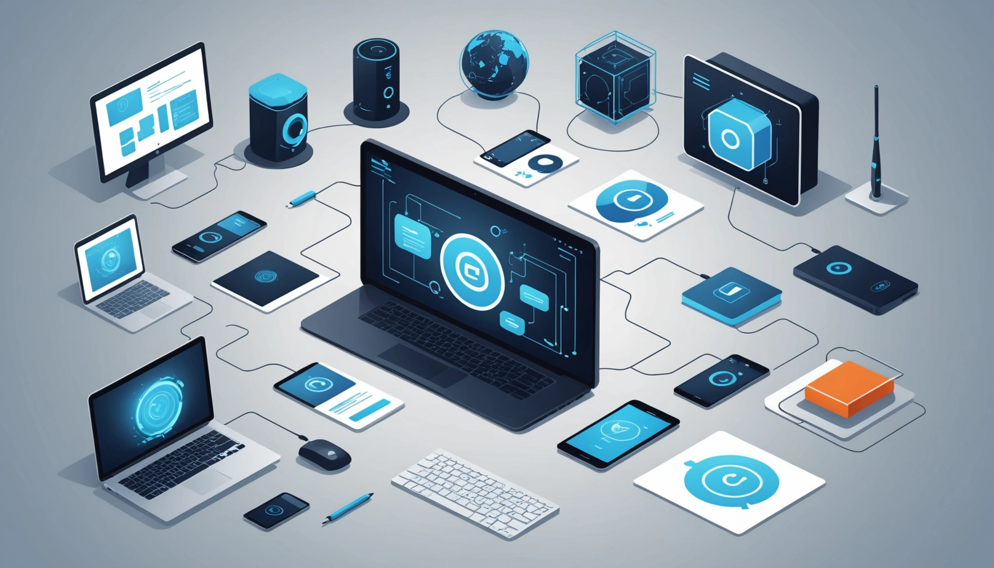 Technology Data: Finding CTOs and Devs, Digital art, technology concept, abstract, clean lines, minimalist, corporate blue and white, data visualization, glowing nodes, wordpress, php, html, css