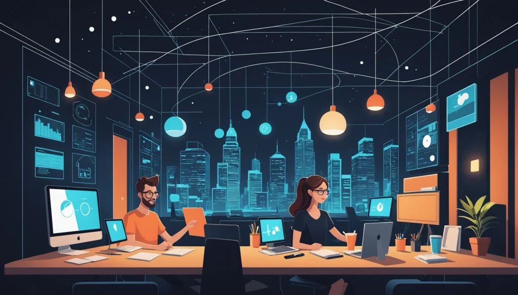 Hospitality Data: Finding Hotel GMs, Digital art, technology concept, abstract, clean lines, minimalist, corporate blue and white, data visualization, glowing nodes, wordpress, php, html, css