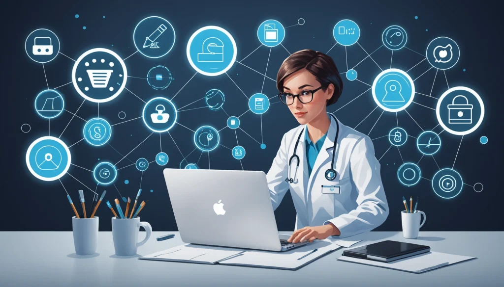 How to Extract Doctorsʼ Emails Ethically, Digital art, technology concept, abstract, clean lines, minimalist, corporate blue and white, data visualization, glowing nodes, wordpress, php, html, css