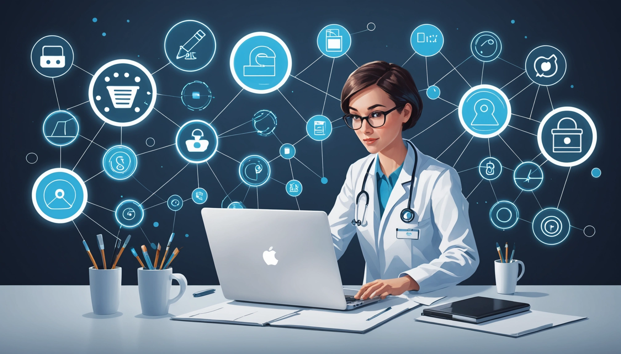 How to Extract Doctorsʼ Emails Ethically, Digital art, technology concept, abstract, clean lines, minimalist, corporate blue and white, data visualization, glowing nodes, wordpress, php, html, css