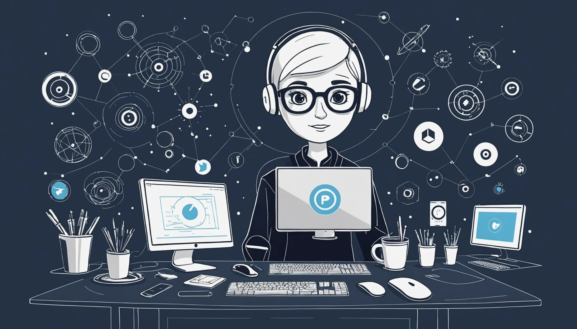 Generating Leads for Digital Agencies, Digital art, technology concept, abstract, clean lines, minimalist, corporate blue and white, data visualization, glowing nodes, wordpress, php, html, css