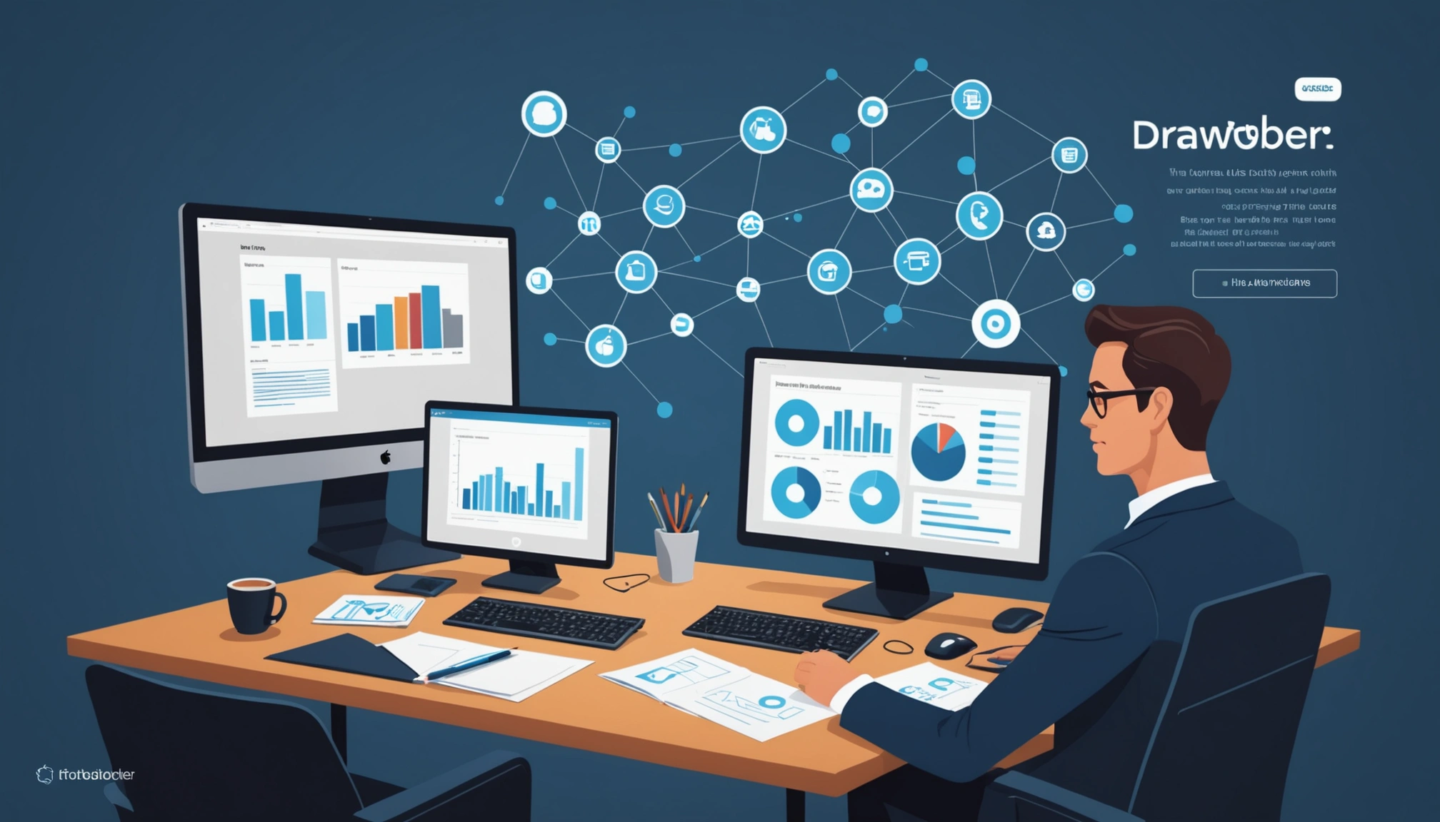 Finding CEOs of Small Businesses, Digital art, technology concept, abstract, clean lines, minimalist, corporate blue and white, data visualization, glowing nodes, wordpress, php, html, css