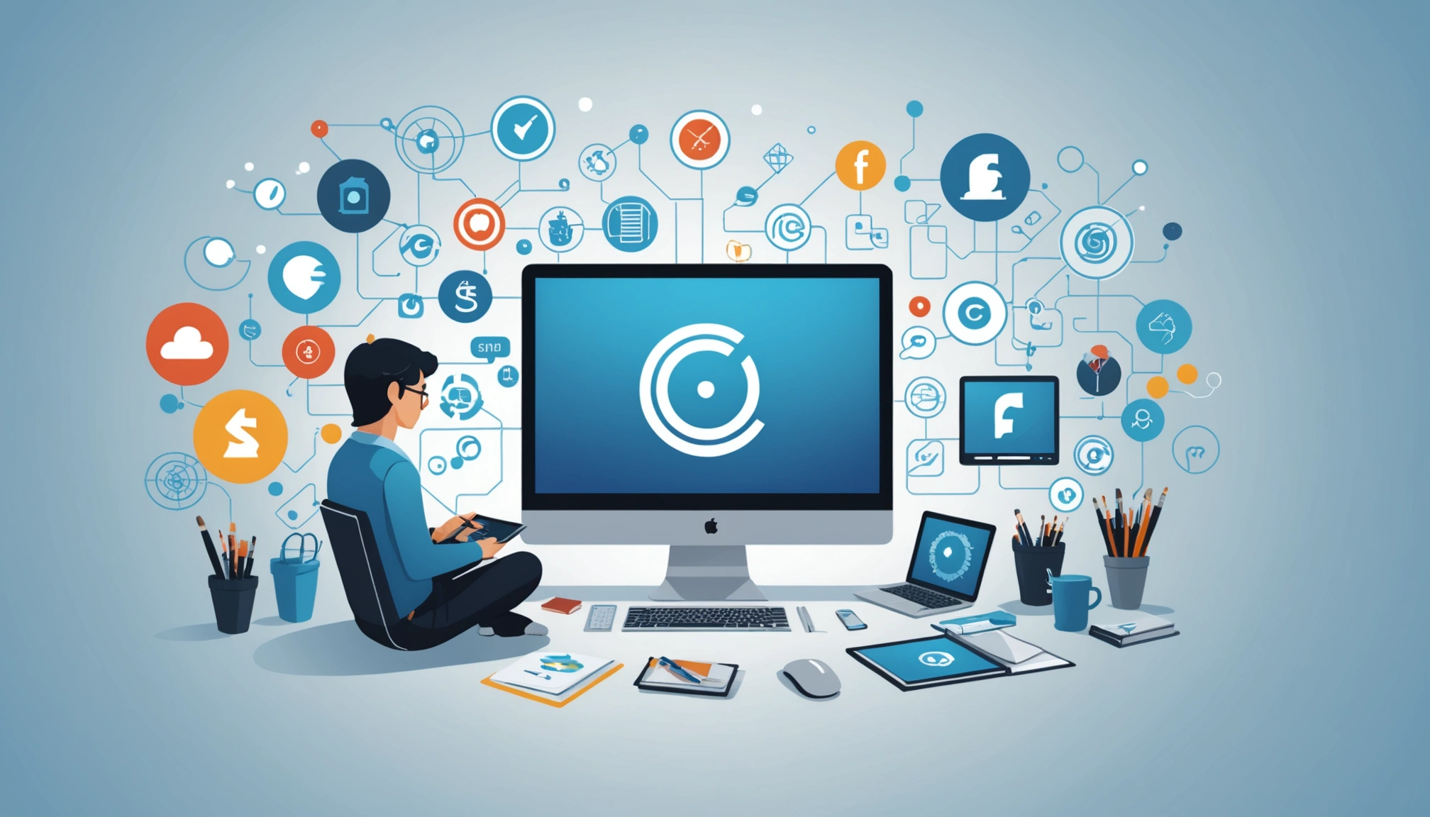 Finding Influencersʼ Emails for Brand Deals, Digital art, technology concept, abstract, clean lines, minimalist, corporate blue and white, data visualization, glowing nodes, wordpress, php, html, css