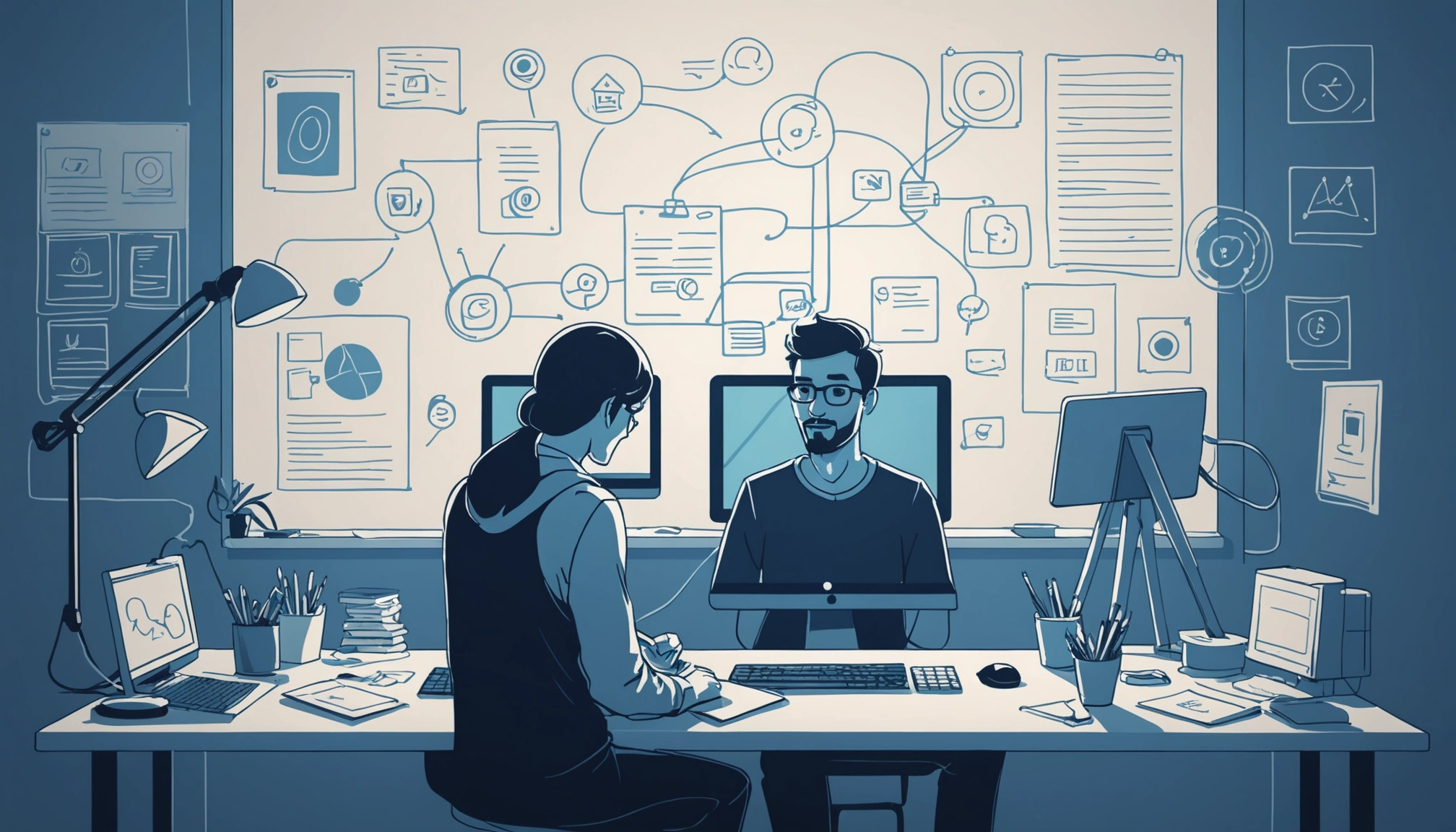 Finding Bloggers for Guest Posting, Digital art, technology concept, abstract, clean lines, minimalist, corporate blue and white, data visualization, glowing nodes, wordpress, php, html, css