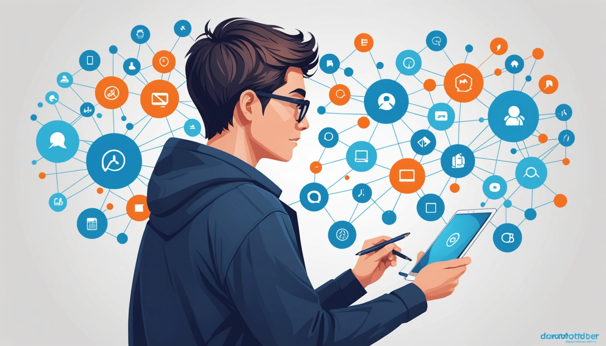 Finding Leads from AngelList, Digital art, technology concept, abstract, clean lines, minimalist, corporate blue and white, data visualization, glowing nodes, wordpress, php, html, css