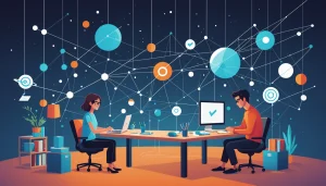 Finding Leads from Trustpilot, Digital art, technology concept, abstract, clean lines, minimalist, corporate blue and white, data visualization, glowing nodes, wordpress, php, html, css