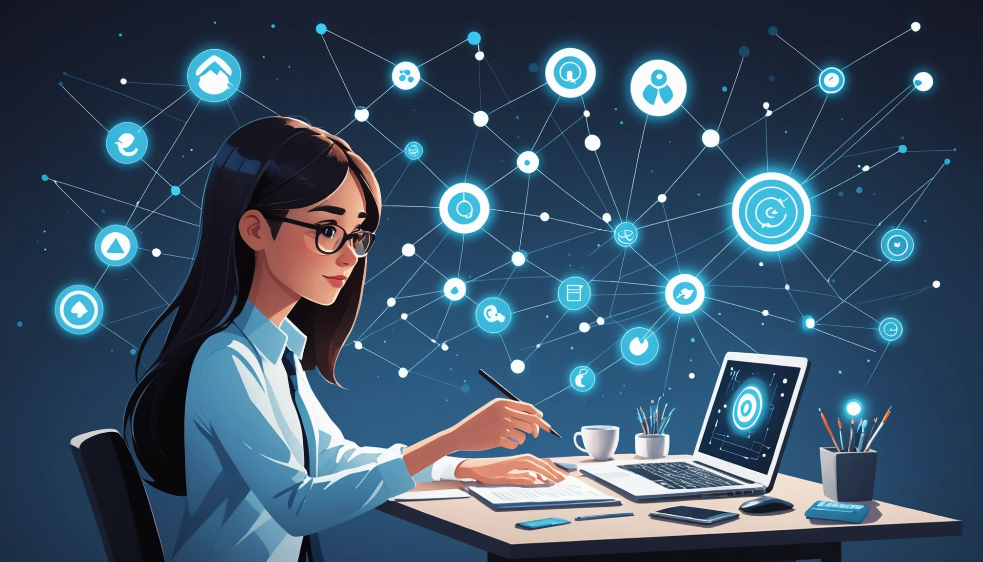 Finding Leads from Upwork, Digital art, technology concept, abstract, clean lines, minimalist, corporate blue and white, data visualization, glowing nodes, wordpress, php, html, css