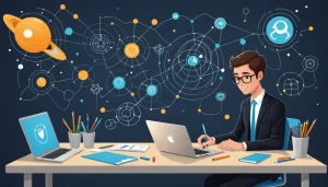 Pros and Cons of ContactOut for Recruiters, Digital art, technology concept, abstract, clean lines, minimalist, corporate blue and white, data visualization, glowing nodes, wordpress, php, html, css