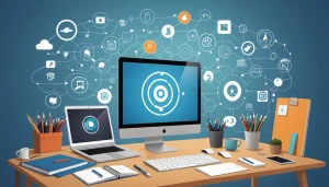 Pros and Cons of Hiring a Lead Gen Agency, Digital art, technology concept, abstract, clean lines, minimalist, corporate blue and white, data visualization, glowing nodes, wordpress, php, html, css