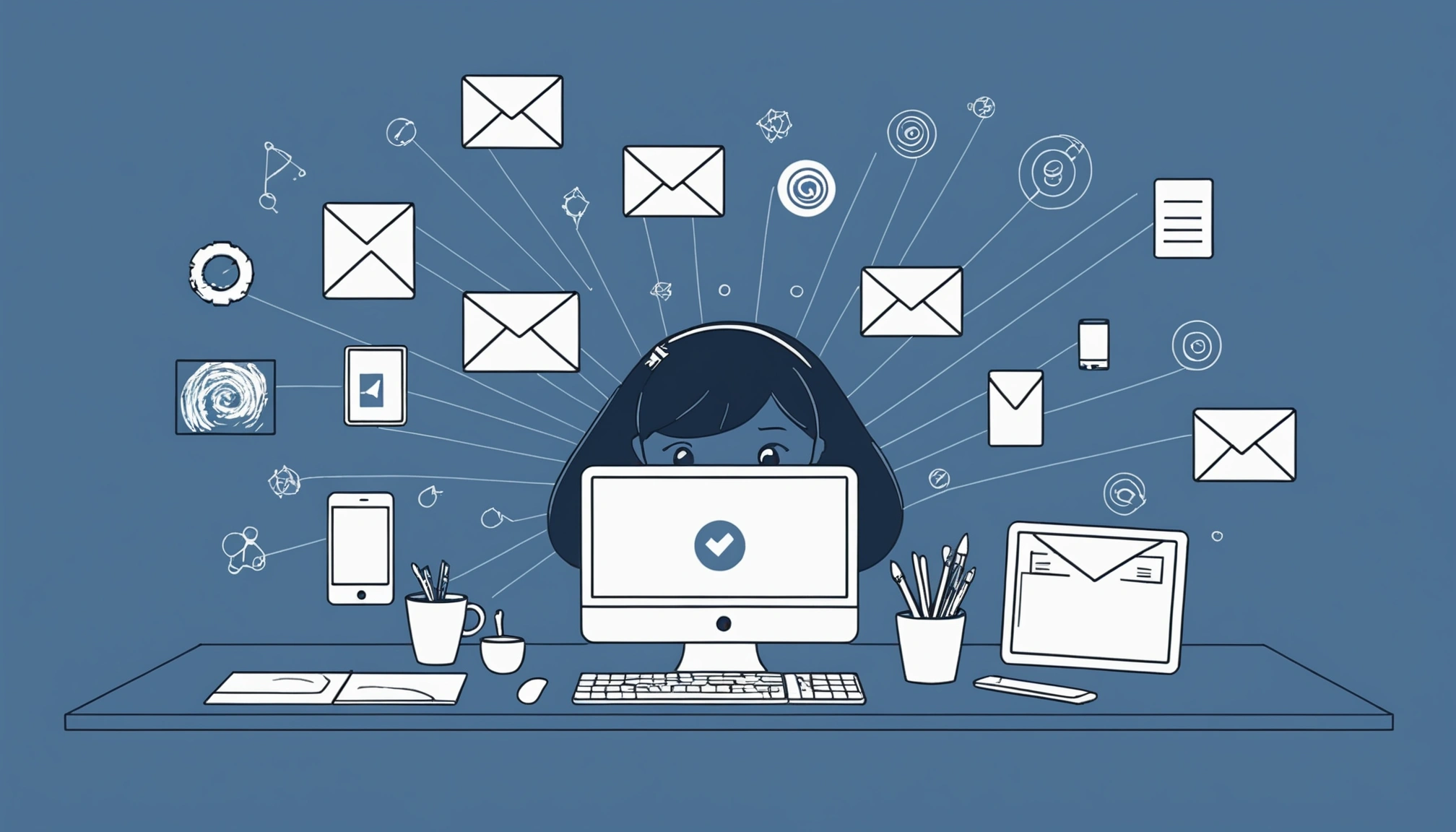 The Disadvantages of Ignoring Catch-All Emails, Digital art, technology concept, abstract, clean lines, minimalist, corporate blue and white, data visualization, glowing nodes, wordpress, php, html, css