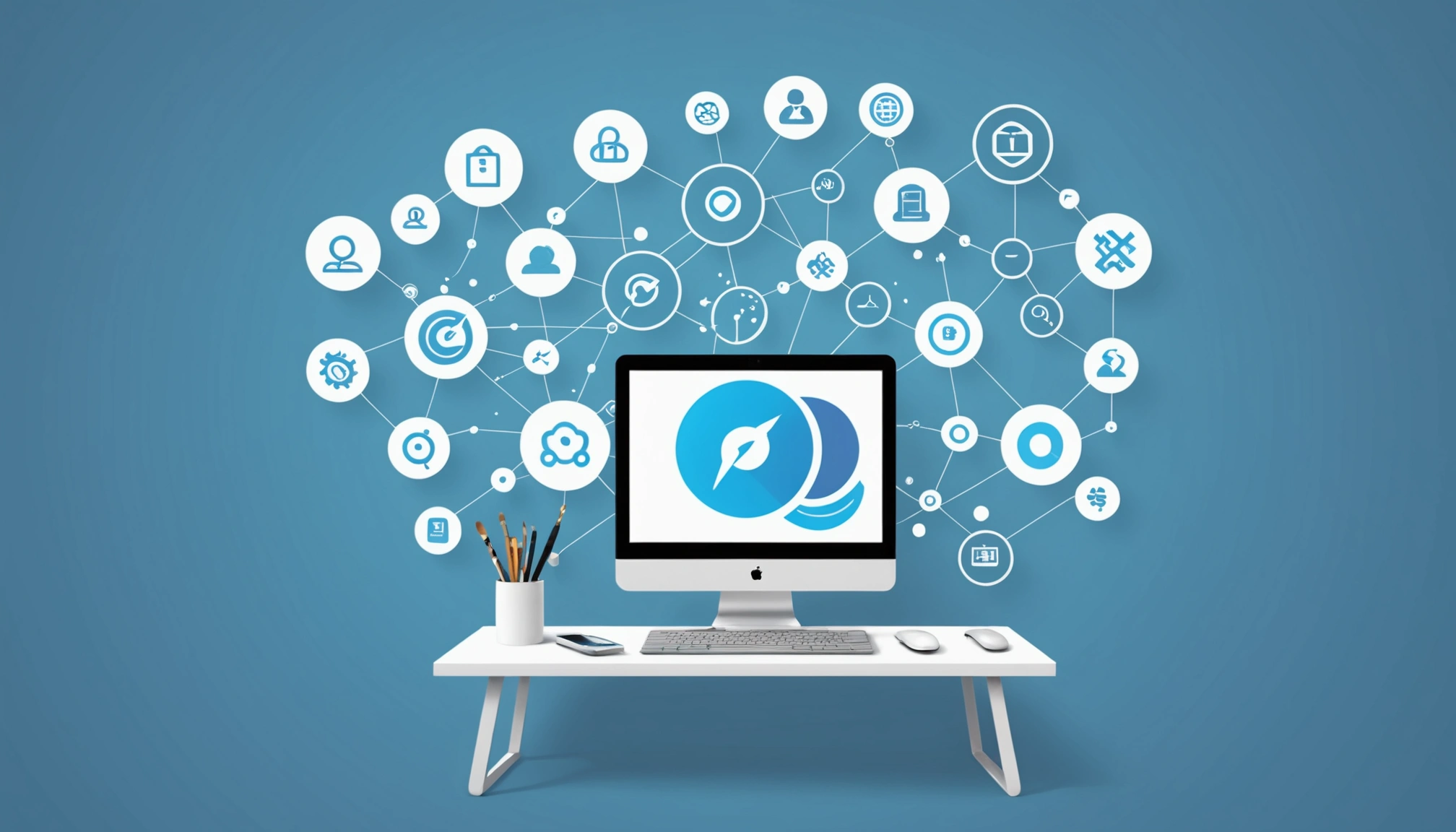 Advantages and Disadvantages of Reply.io Data, Digital art, technology concept, abstract, clean lines, minimalist, corporate blue and white, data visualization, glowing nodes, wordpress, php, html, css