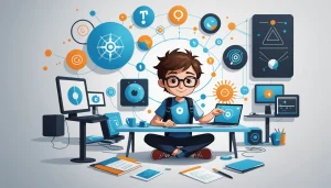 The Pros and Cons of Using Wiza, Digital art, technology concept, abstract, clean lines, minimalist, corporate blue and white, data visualization, glowing nodes, wordpress, php, html, css