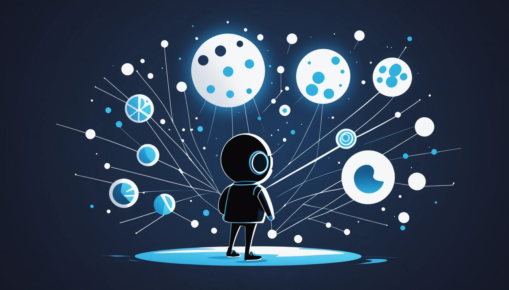 Advantages and Disadvantages of Vainu, Digital art, technology concept, abstract, clean lines, minimalist, corporate blue and white, data visualization, glowing nodes, wordpress, php, html, css