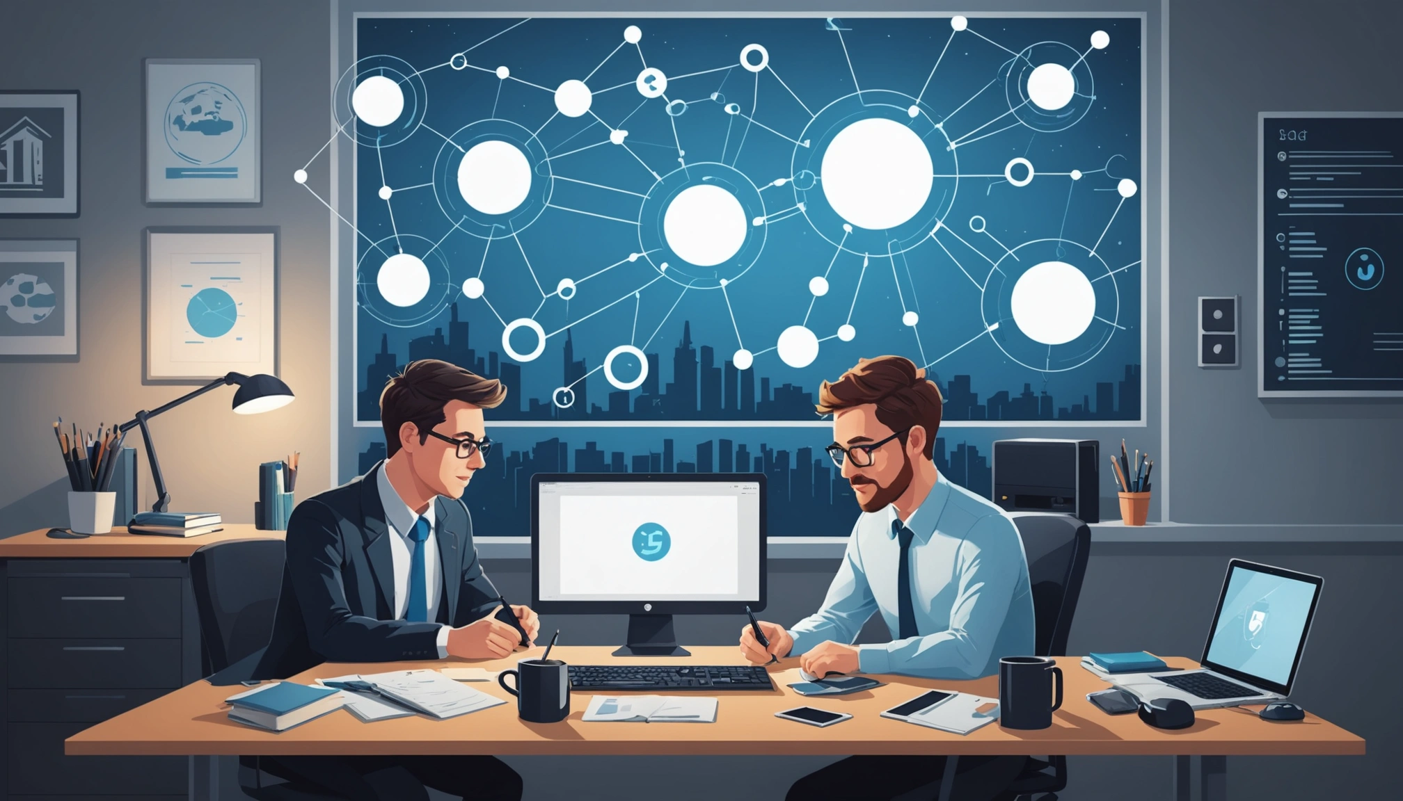 The Disadvantages of ʼGeneralistʼ B2B Databases, Digital art, technology concept, abstract, clean lines, minimalist, corporate blue and white, data visualization, glowing nodes, wordpress, php, html, css