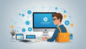 The Pros and Cons of SalesLoft, Digital art, technology concept, abstract, clean lines, minimalist, corporate blue and white, data visualization, glowing nodes, wordpress, php, html, css