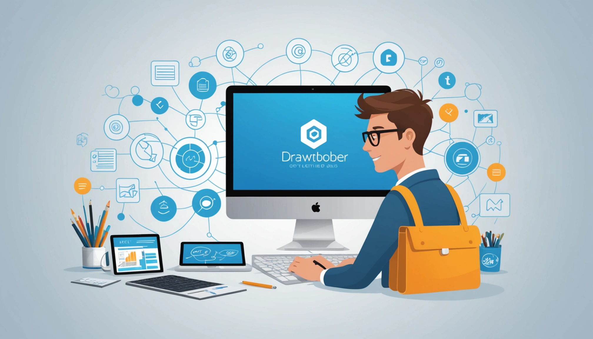 The Pros and Cons of SalesLoft, Digital art, technology concept, abstract, clean lines, minimalist, corporate blue and white, data visualization, glowing nodes, wordpress, php, html, css