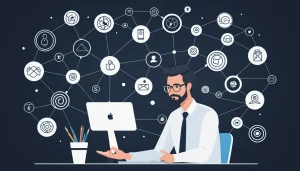 Pros and Cons of Close CRM for Outreach, Digital art, technology concept, abstract, clean lines, minimalist, corporate blue and white, data visualization, glowing nodes, wordpress, php, html, css