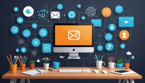 The Pros and Cons of QuickMail, Digital art, technology concept, abstract, clean lines, minimalist, corporate blue and white, data visualization, glowing nodes, wordpress, php, html, css