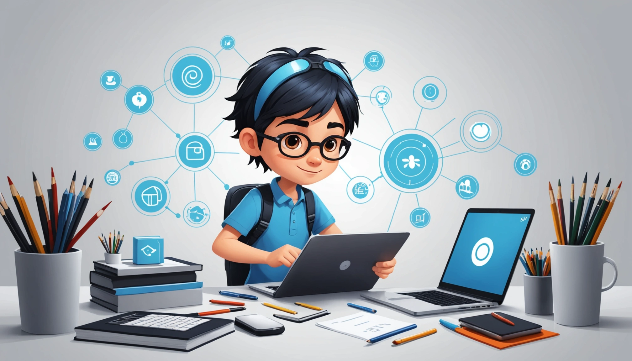 Advantages and Disadvantages of Belkins, Digital art, technology concept, abstract, clean lines, minimalist, corporate blue and white, data visualization, glowing nodes, wordpress, php, html, css