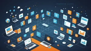 The Disadvantages of Using Multiple Data Vendors, Digital art, technology concept, abstract, clean lines, minimalist, corporate blue and white, data visualization, glowing nodes, wordpress, php, html, css