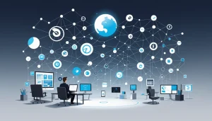 The Pros and Cons of TechTarget, Digital art, technology concept, abstract, clean lines, minimalist, corporate blue and white, data visualization, glowing nodes, wordpress, php, html, css