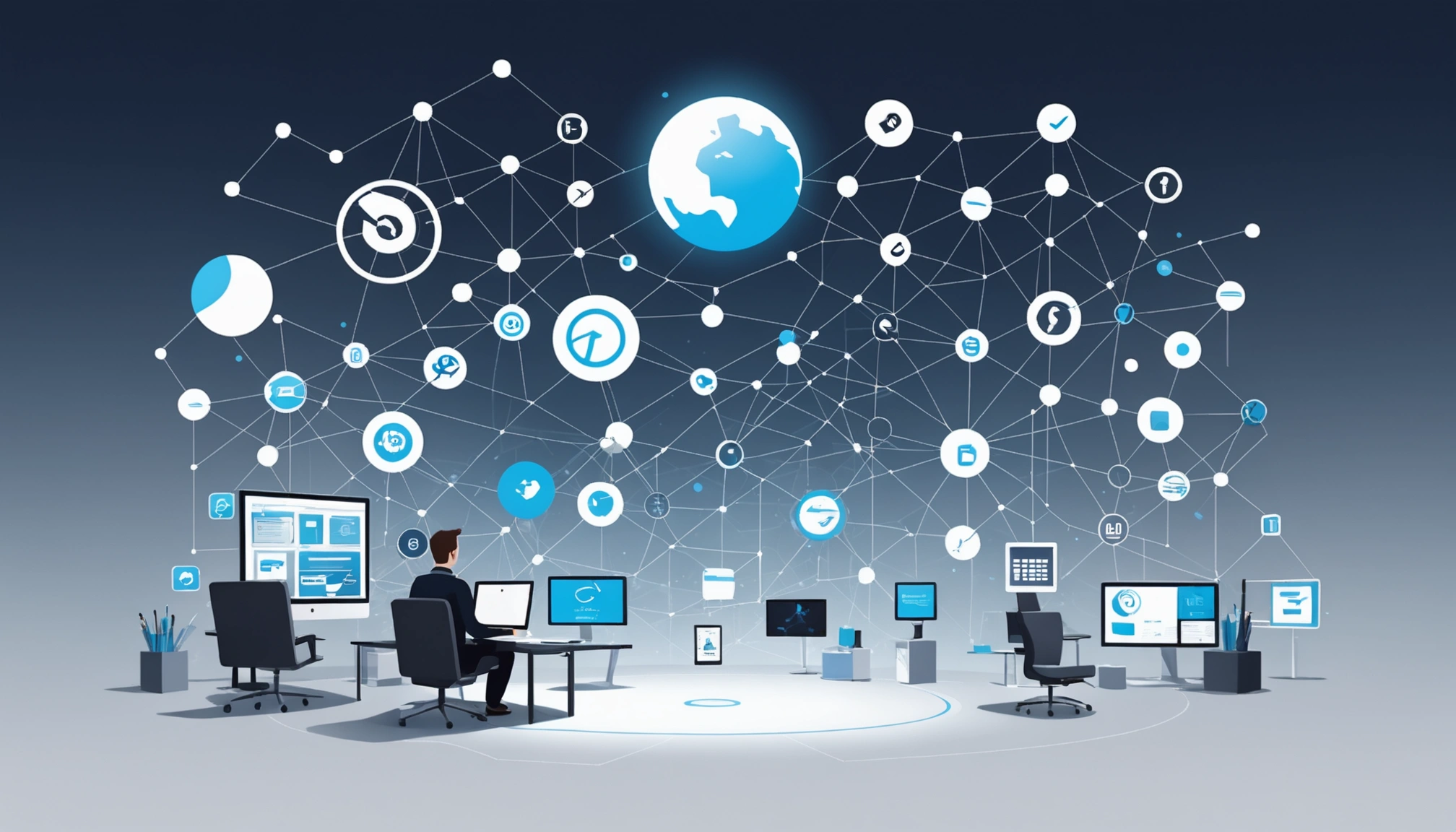 The Pros and Cons of TechTarget, Digital art, technology concept, abstract, clean lines, minimalist, corporate blue and white, data visualization, glowing nodes, wordpress, php, html, css