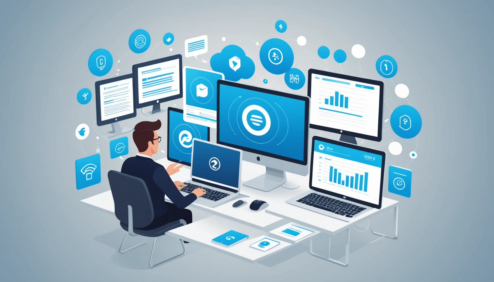 The Pros and Cons of Equifax Commercial, Digital art, technology concept, abstract, clean lines, minimalist, corporate blue and white, data visualization, glowing nodes, wordpress, php, html, css