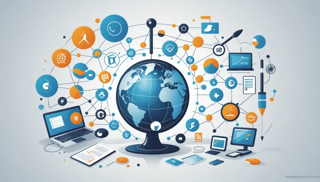 Pros and Cons of Span Global Services, Digital art, technology concept, abstract, clean lines, minimalist, corporate blue and white, data visualization, glowing nodes, wordpress, php, html, css