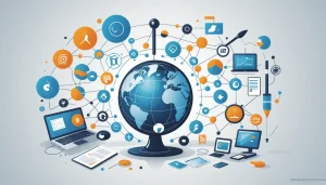 Pros and Cons of Span Global Services, Digital art, technology concept, abstract, clean lines, minimalist, corporate blue and white, data visualization, glowing nodes, wordpress, php, html, css