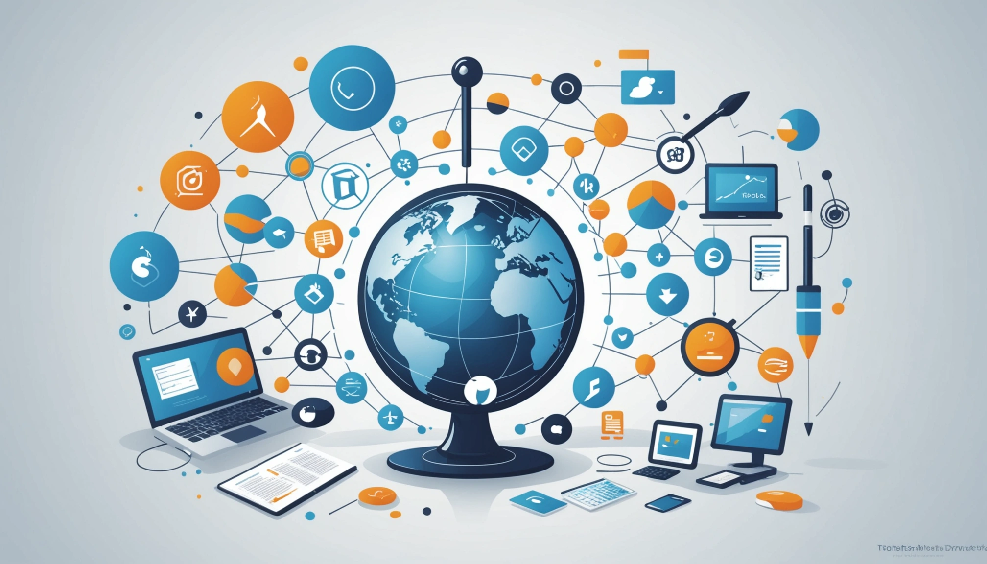 Pros and Cons of Span Global Services, Digital art, technology concept, abstract, clean lines, minimalist, corporate blue and white, data visualization, glowing nodes, wordpress, php, html, css