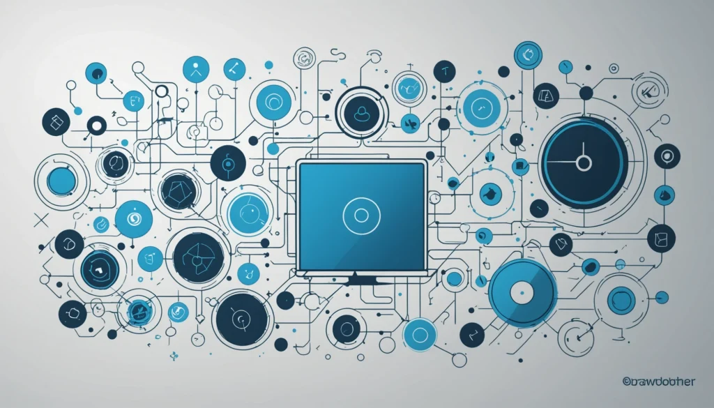 The Pros and Cons of AverickMedia, Digital art, technology concept, abstract, clean lines, minimalist, corporate blue and white, data visualization, glowing nodes, wordpress, php, html, css