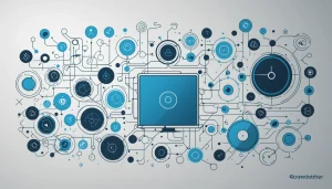 The Pros and Cons of AverickMedia, Digital art, technology concept, abstract, clean lines, minimalist, corporate blue and white, data visualization, glowing nodes, wordpress, php, html, css