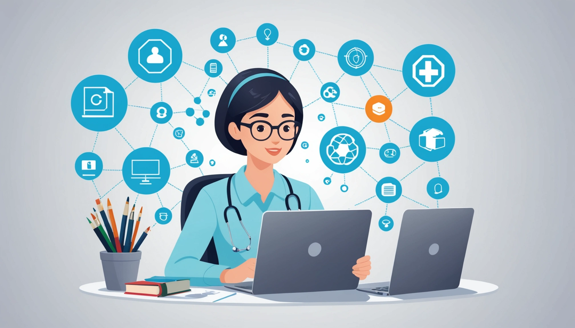 Why Static Databases Are Inaccurate for Healthcare, Digital art, technology concept, abstract, clean lines, minimalist, corporate blue and white, data visualization, glowing nodes, wordpress, php, html, css