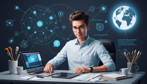 Advantages and Disadvantages of Server-Side Scraping, Digital art, technology concept, abstract, clean lines, minimalist, corporate blue and white, data visualization, glowing nodes, wordpress, php, html, css