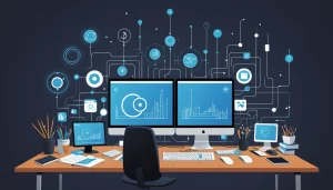 The Disadvantages of Using Outdated Tech Stacks, Digital art, technology concept, abstract, clean lines, minimalist, corporate blue and white, data visualization, glowing nodes, wordpress, php, html, css