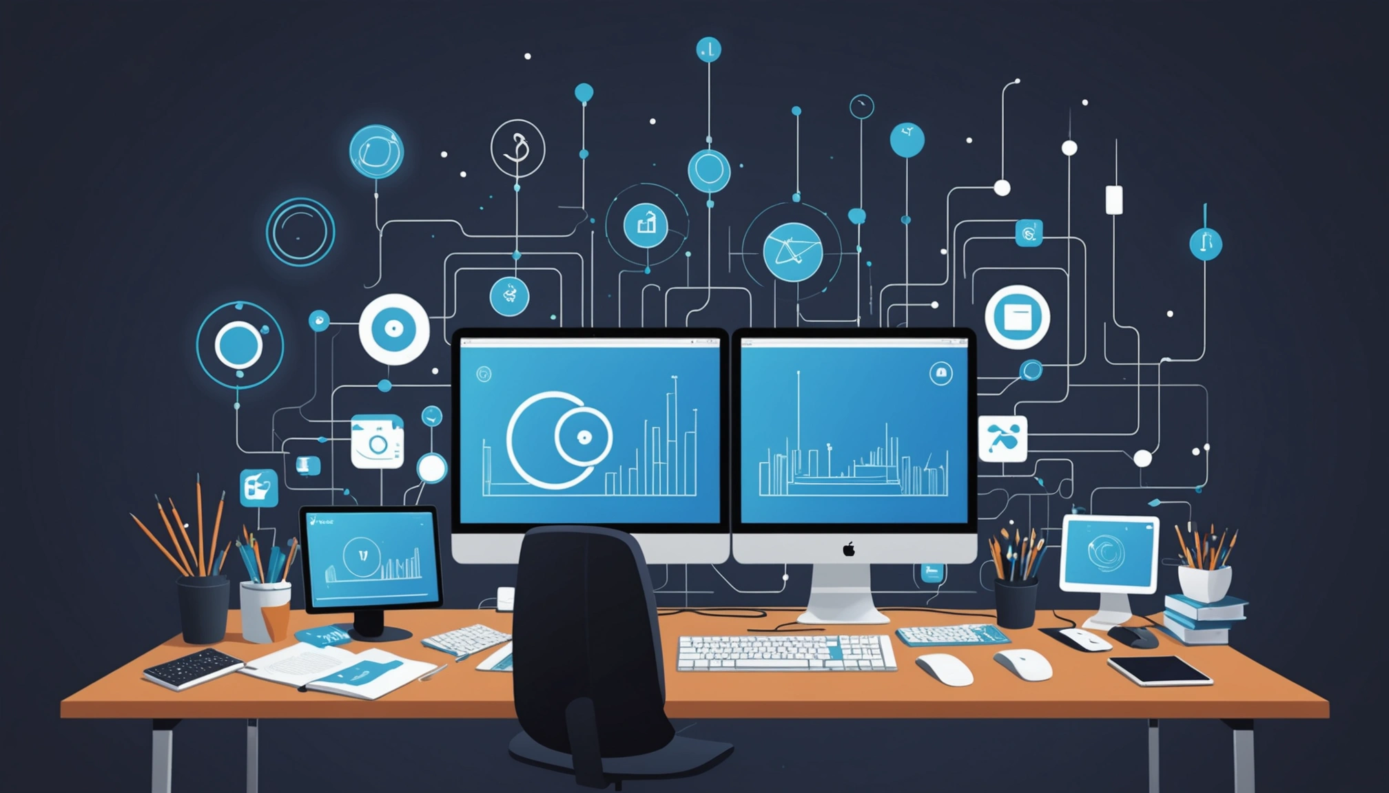 The Disadvantages of Using Outdated Tech Stacks, Digital art, technology concept, abstract, clean lines, minimalist, corporate blue and white, data visualization, glowing nodes, wordpress, php, html, css