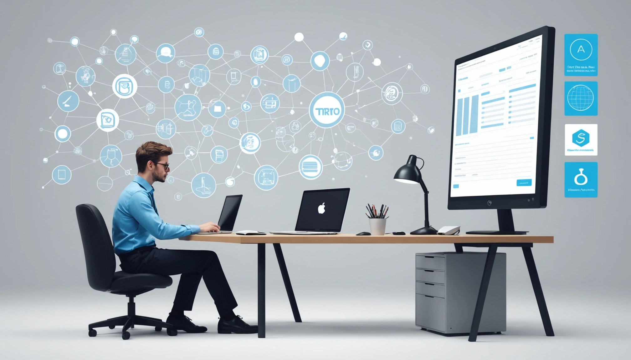 The Disadvantages of Buying Candidate Lists, Digital art, technology concept, abstract, clean lines, minimalist, corporate blue and white, data visualization, glowing nodes, wordpress, php, html, css