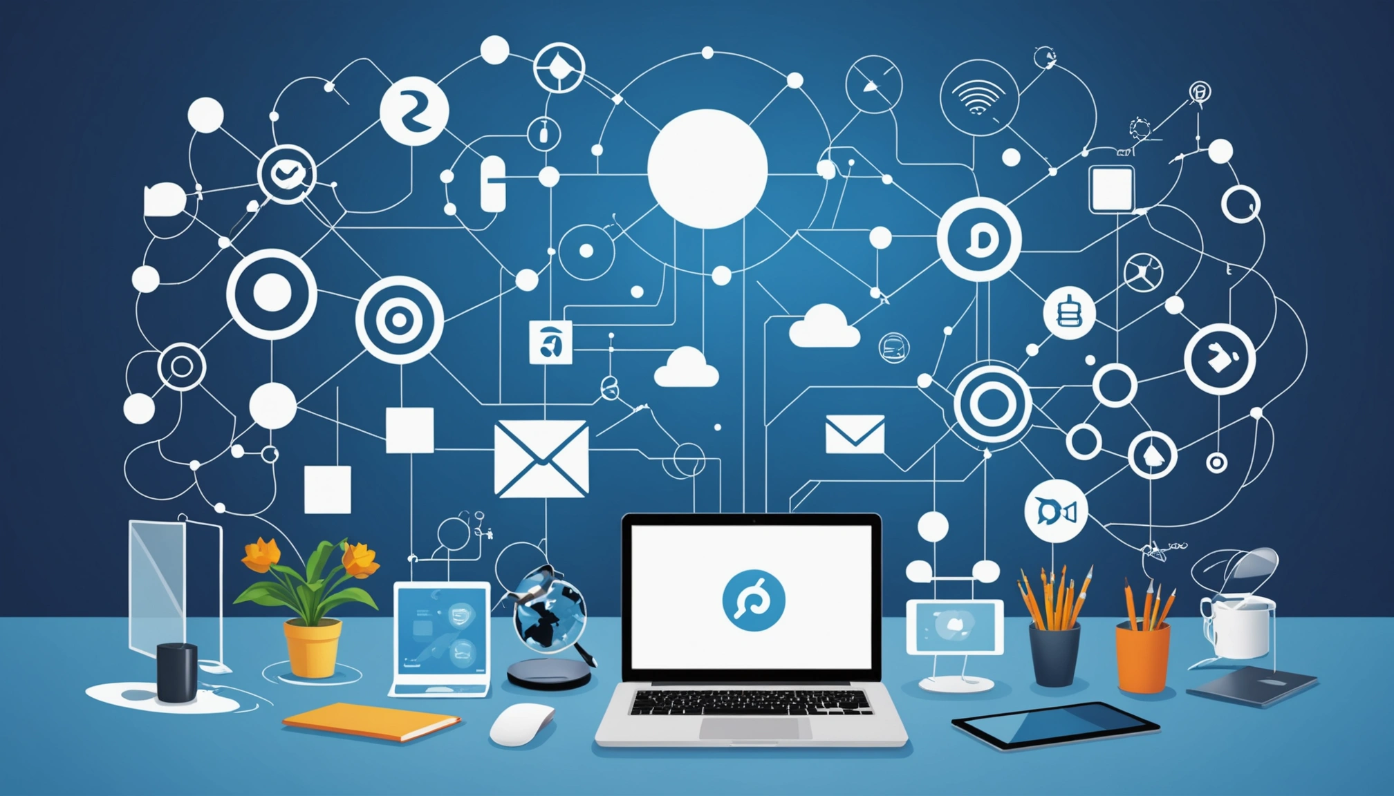 Shared Technologies Behind Email Verification and Extraction, Digital art, technology concept, abstract, clean lines, minimalist, corporate blue and white, data visualization, glowing nodes, wordpress, php, html, css