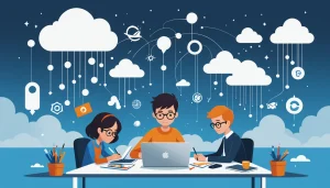 Similarities Between Browser Extensions and Cloud Scrapers, Digital art, technology concept, abstract, clean lines, minimalist, corporate blue and white, data visualization, glowing nodes, wordpress, php, html, css