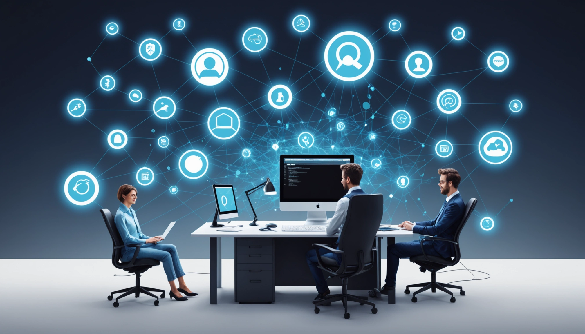 Similarities Between ContactOut and SignalHire for Recruiters, Digital art, technology concept, abstract, clean lines, minimalist, corporate blue and white, data visualization, glowing nodes, wordpress, php, html, css