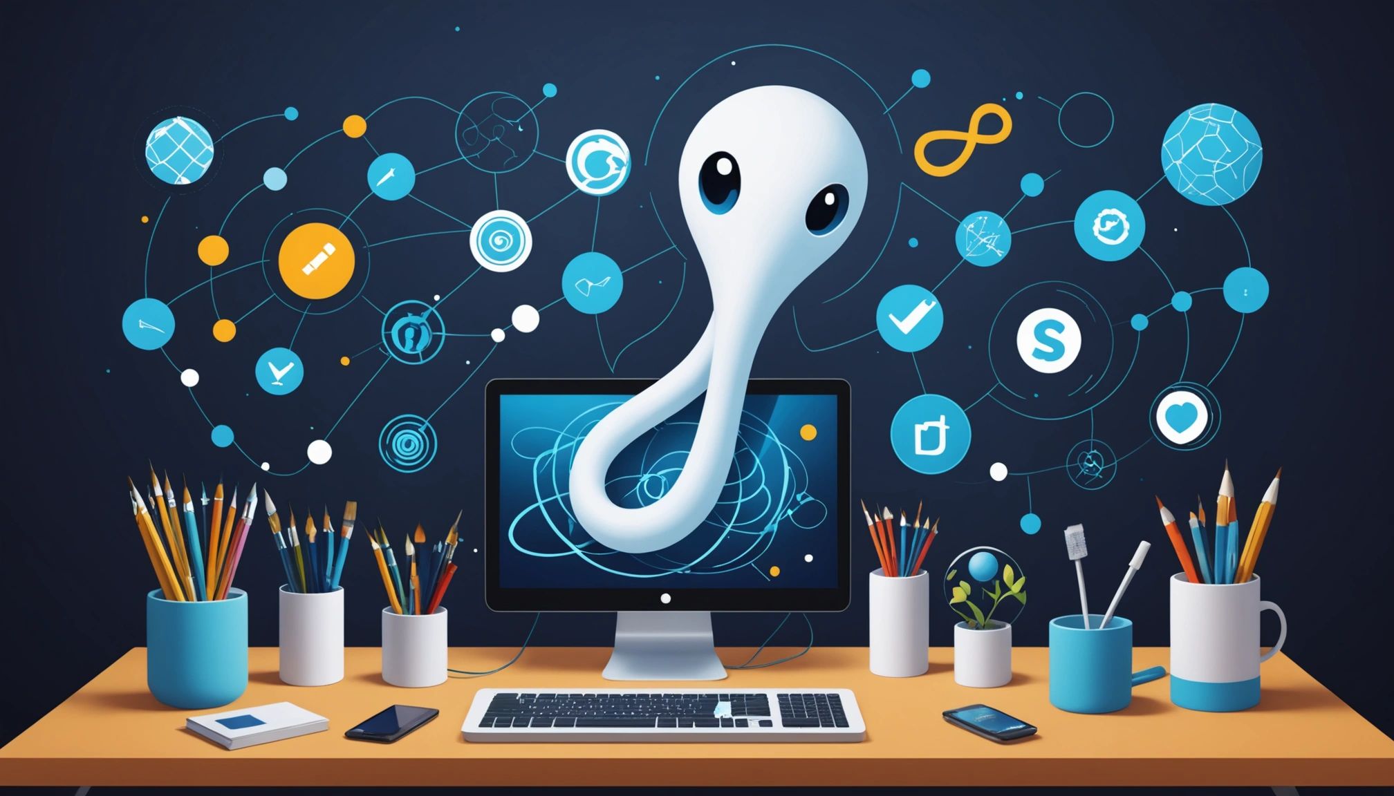 Similarities Between Python Scrapers and No-Code Tools, Digital art, technology concept, abstract, clean lines, minimalist, corporate blue and white, data visualization, glowing nodes, wordpress, php, html, css