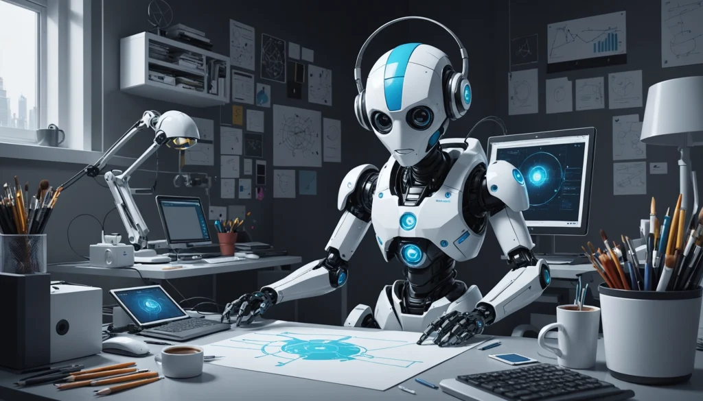 What Growbots and Autoklose Share in Automation, Digital art, technology concept, abstract, clean lines, minimalist, corporate blue and white, data visualization, glowing nodes, wordpress, php, html, css