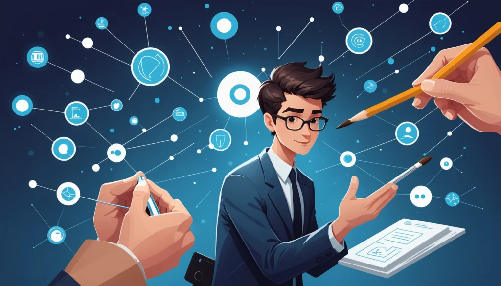 Similarities Between Headhunting and Talent Sourcing, Digital art, technology concept, abstract, clean lines, minimalist, corporate blue and white, data visualization, glowing nodes, wordpress, php, html, css