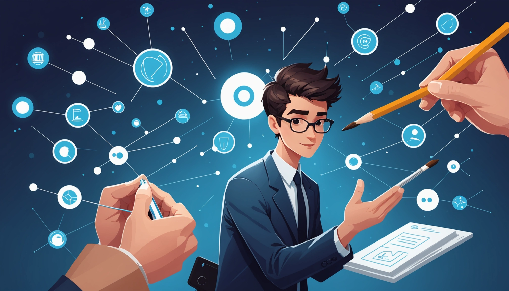 Similarities Between Headhunting and Talent Sourcing, Digital art, technology concept, abstract, clean lines, minimalist, corporate blue and white, data visualization, glowing nodes, wordpress, php, html, css