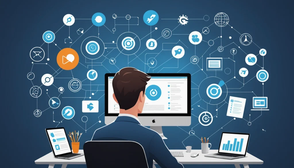 Shared Goals of Sales and Marketing Operations, Digital art, technology concept, abstract, clean lines, minimalist, corporate blue and white, data visualization, glowing nodes, wordpress, php, html, css
