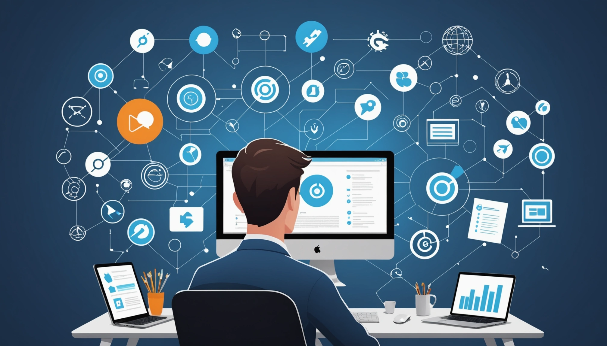 Shared Goals of Sales and Marketing Operations, Digital art, technology concept, abstract, clean lines, minimalist, corporate blue and white, data visualization, glowing nodes, wordpress, php, html, css